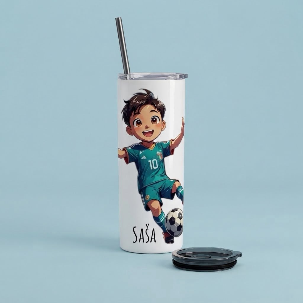 Beli tumbler sa slamčicom, crtanim dečakom fudbalerom i imenom po želji